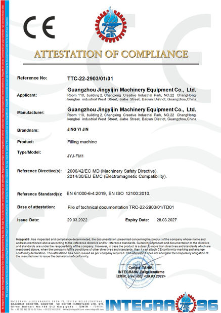 China Guangzhou Jingyijin Machinery Equipment Co., Ltd certificaten